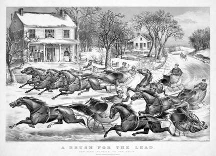 Currier and Ives, 'A Brush for the Lead; New York Flyers on the Snow', 1867. Lithograph. Library of Congress